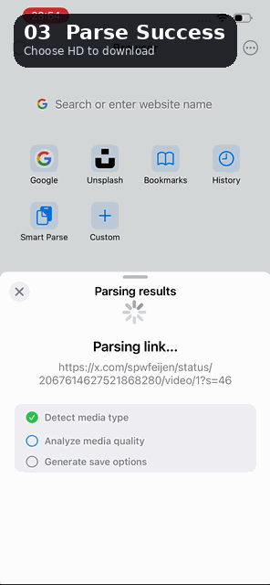 Parse succeeds and the video download starts
